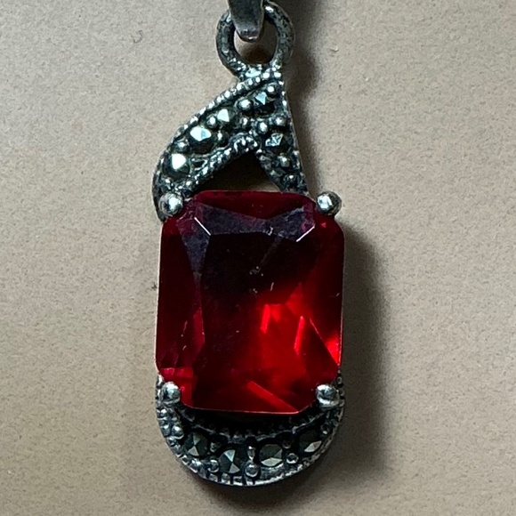 Sterling Silver Necklace with a Red Stone and Marcasite. 19.25 inches long - Picture 3 of 8